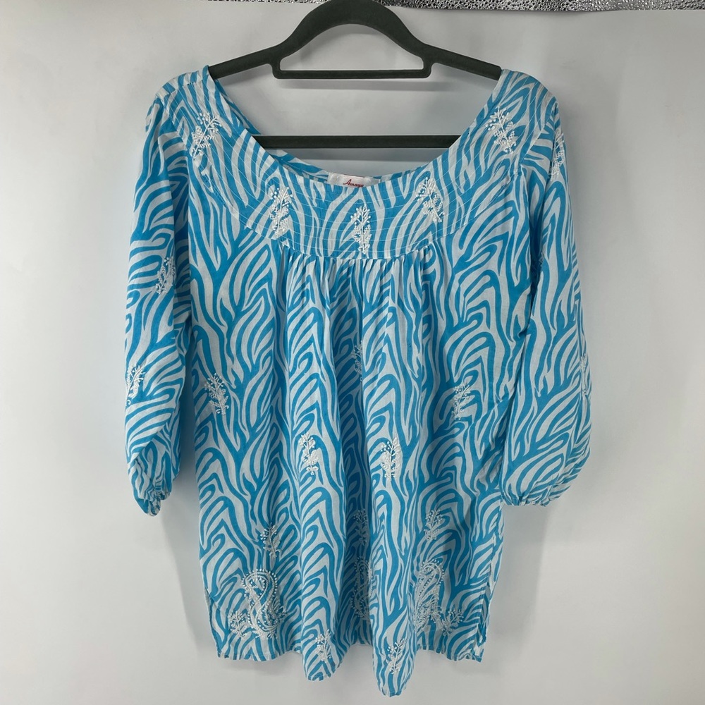 Amaya Turquoise & White Embroidered Peasant Top